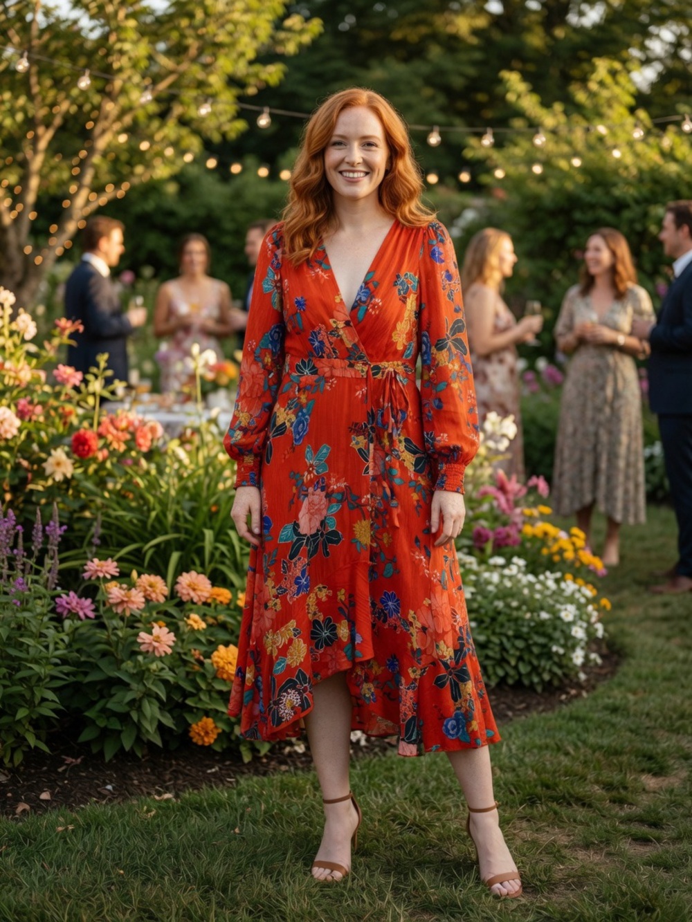 Anthropologie Red Floral Wrap Midi Dress